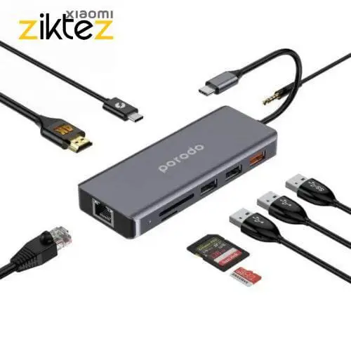 هاب پرودو 9 پورت توان 100 وات مدل Porodo 9in1 4K HDMI Ethernet USB-C Hub PD-91CHB (اورجینال ارسال فوری) فروشگاه اینترنتی زیکتز