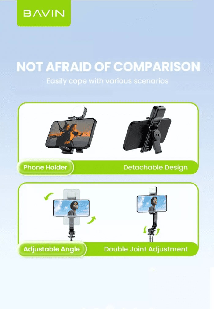 مونوپاد و سه پایه شاتر دار باوین Bavin AP-13 Selfie Stick Tripod همراه با چراغ (اورجینال ارسال فوری) - Image 5