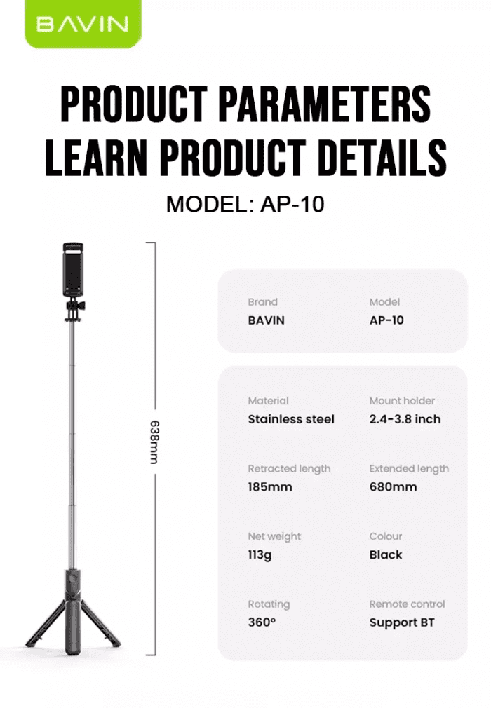 مونوپاد و سه پایه شاتر دار باوین Bavin AP-10 Selfie Stick (اورجینال ارسال فوری) - Image 2