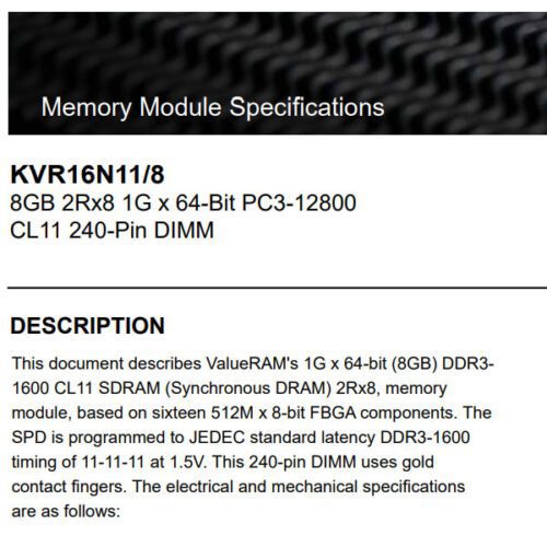 رم دسکتاپ DDR3 تک کاناله 1600 مگاهرتز CL11 کینگستون مدل KVR16N11/8 PC3-12800 ظرفیت 8 گیگابایت