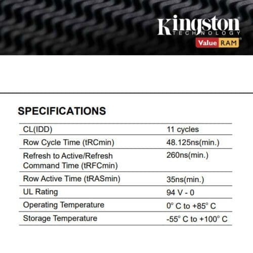 رم دسکتاپ DDR3 تک کاناله 1600 مگاهرتز CL11 کینگستون مدل KVR16N11/8 PC3-12800 ظرفیت 8 گیگابایت
