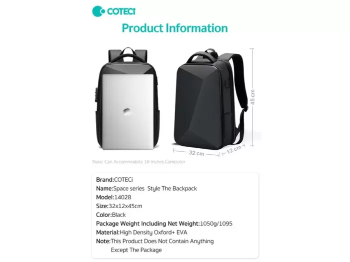 کوله پشتی لپ تاپ 16 اینچی ضدآب کوتتسی کیف Coteetci space series style the backpack 14028 - Image 3