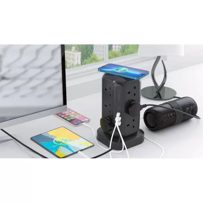 چند راهی برق و شارژر پاورولوژی Powerology 12 Socket Multi-Port Tower Hub PWCUQC013 دارای 4 پورت (نسخه اورجینال پلمپ ارسال فوری) - Image 4