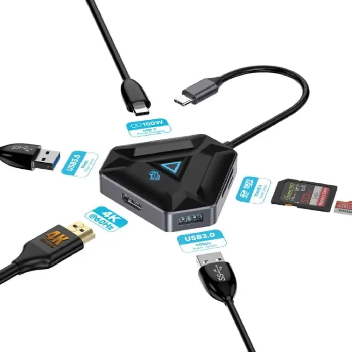 هاب گیمینگ پرودو Porodo 6in1 4K HDMI USB-C Hub PDX529 توان 100 وات (اورجینال اصلی ارسال فوری)