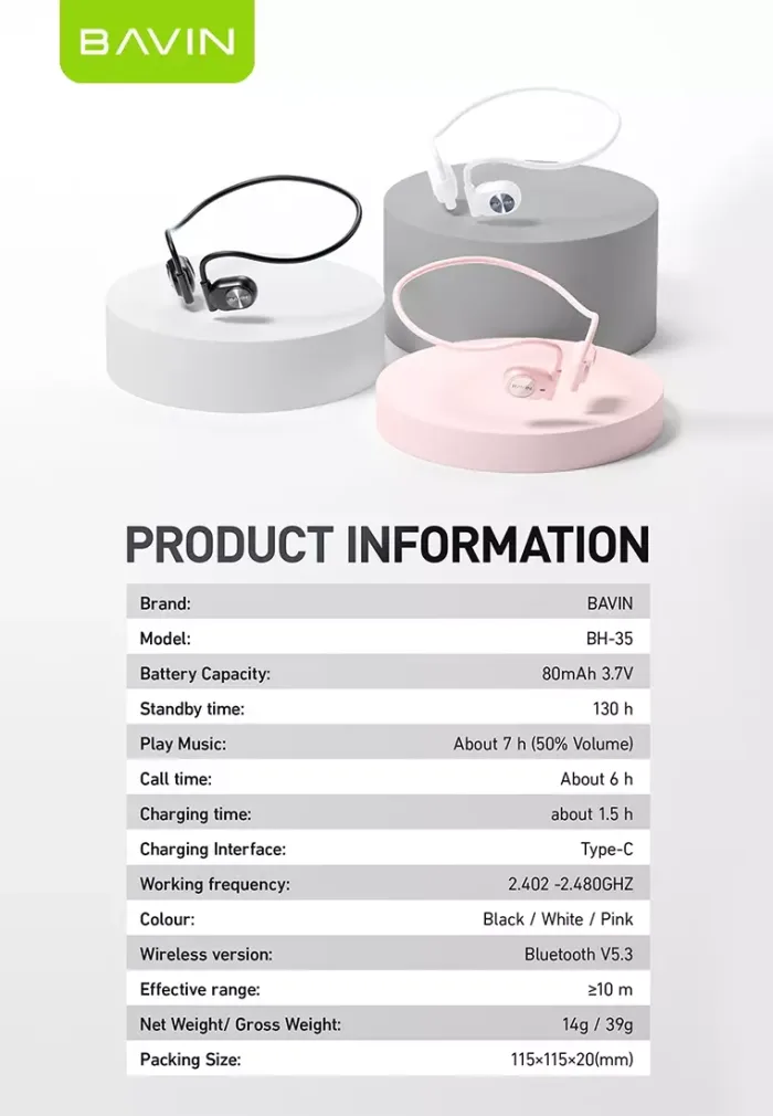 هندزفری بلوتوث گردنی باوین Bavin BH-35 Air Conduction Headphone (اورجینال ارسال فوری) - Image 3