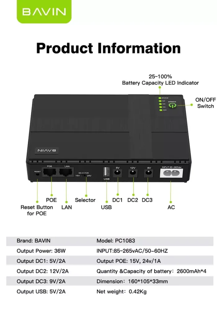 یو پی اس پاور بانک 10400 باوین 36وات Bavin PC1083 (اورجینال ارسال فوری) - Image 2