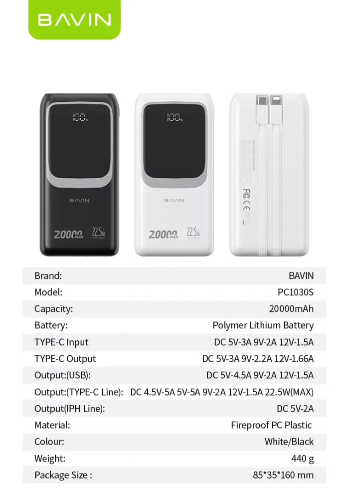 پاوربانک 20000 باوین 22.5وات Bavin PC1030S (اورجینال ارسال فوری) - Image 3