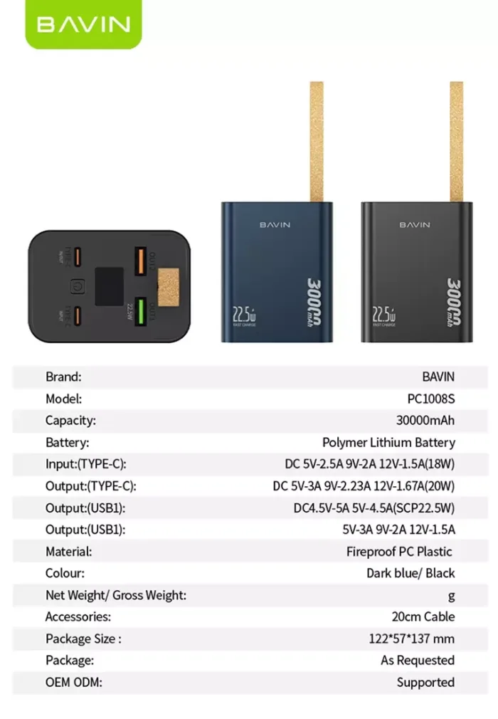 پاوربانک 30000 باوین Bavin PC1008S توان 22.5 وات (اورجینال ارسال فوری) - Image 4