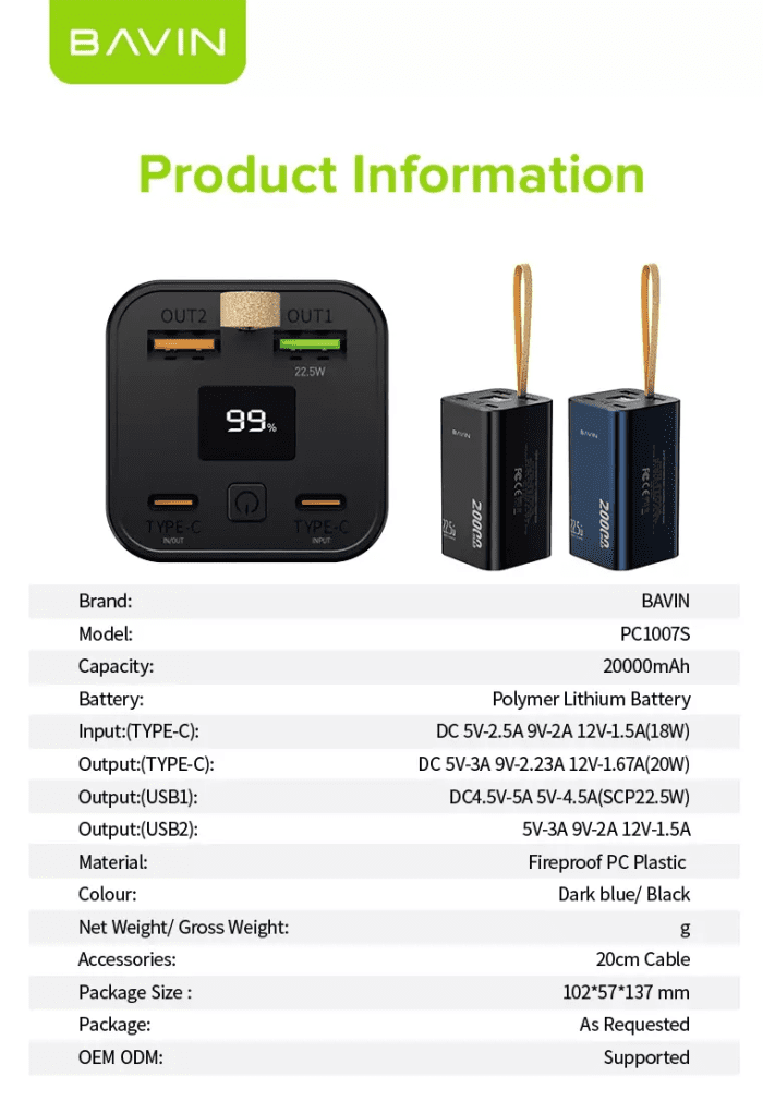 پاوربانک 20000 باوین توان 22.5 وات Bavin PC1007S Fast Charge (اورجینال ارسال فوری) - Image 3
