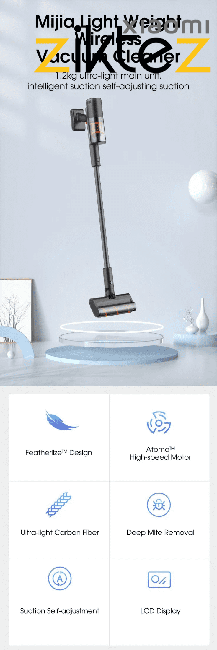 جاروبرقی بی‌سیم شیائومی مدل Mijia Featherlize MJWXCQ06SZ با طراحی سبک و موتور پرقدرت