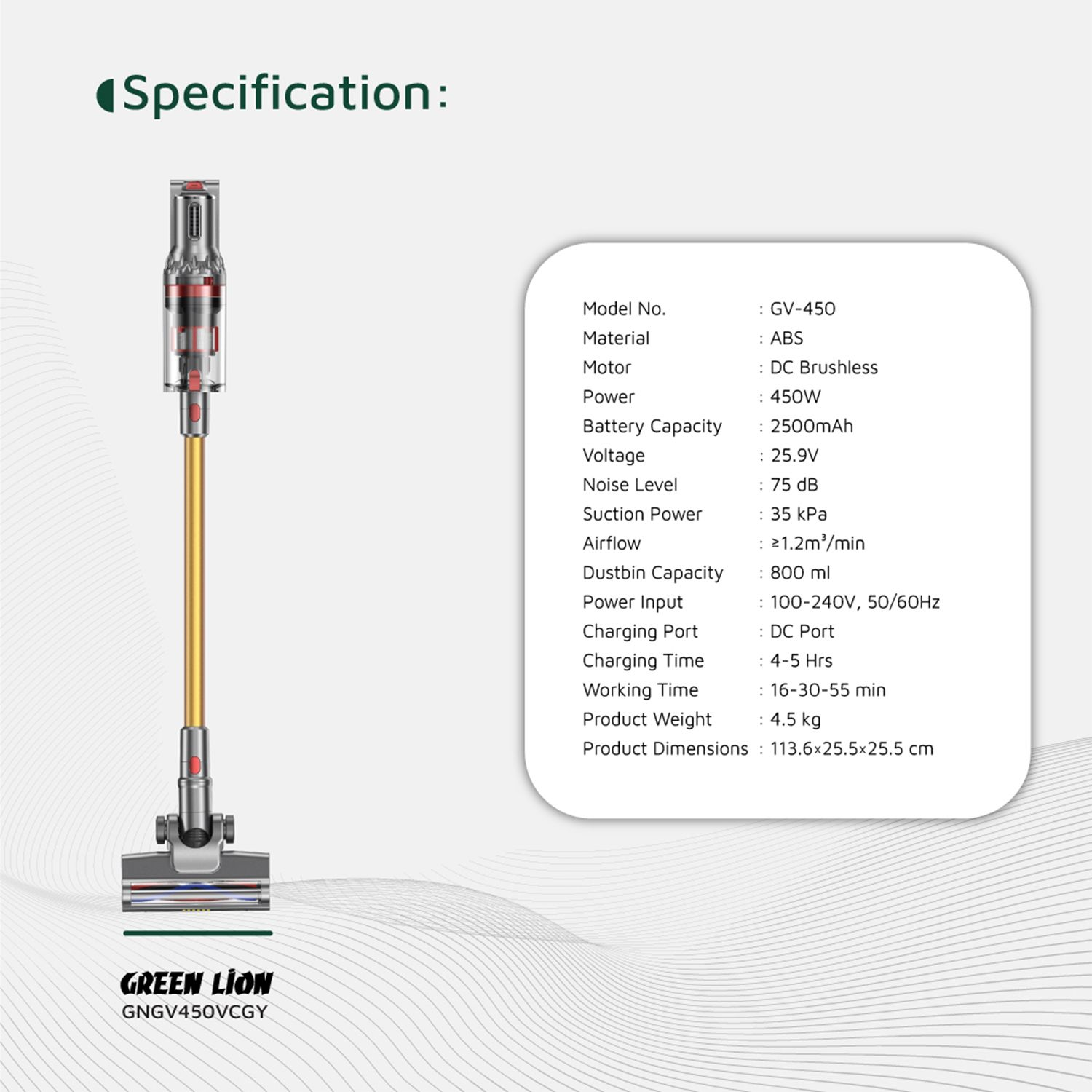 جارو شارژی گرین لاین مدل Green Lion GV-450 Cordless Vacuum Cleaner - Gray & Gold