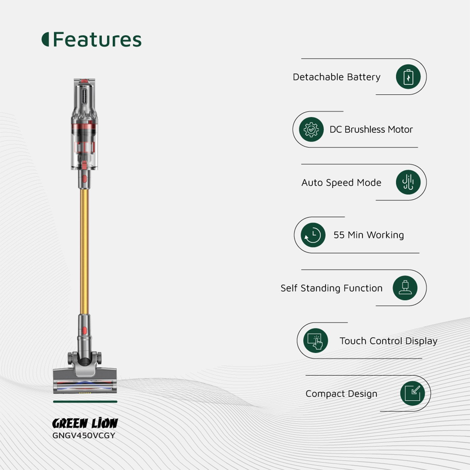 جارو شارژی گرین لاین مدل Green Lion GV-450 Cordless Vacuum Cleaner - Gray & Gold