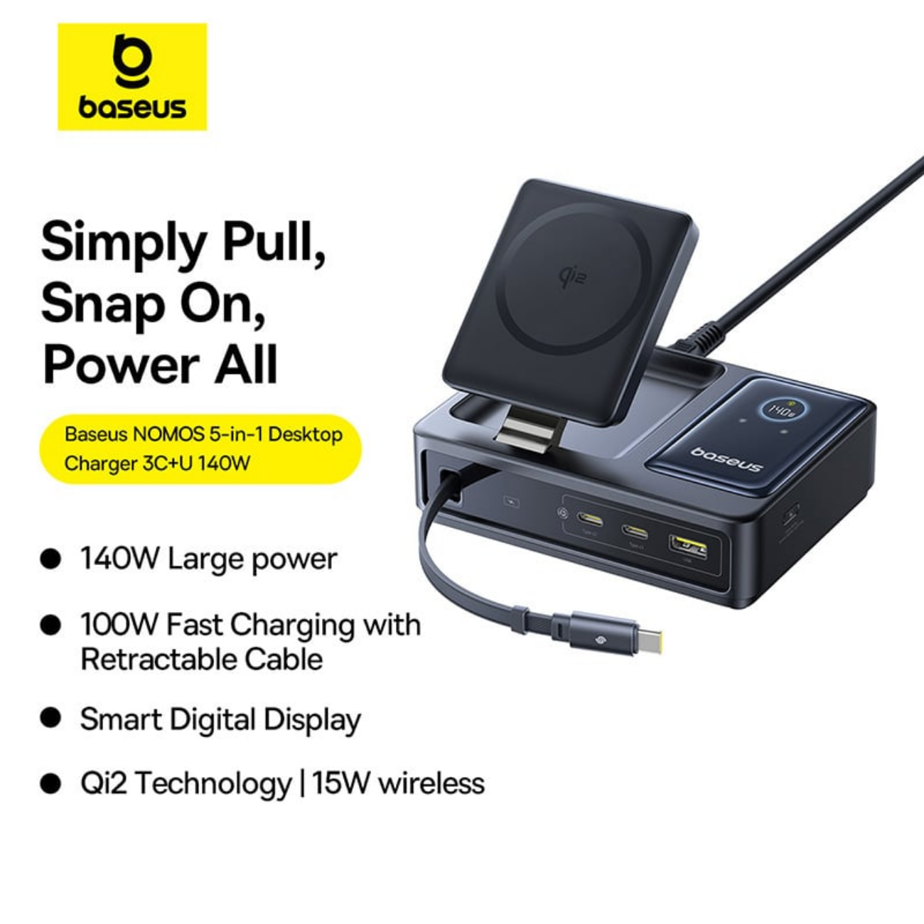 بهترین هاب شارژر 3 پورت و شارژر وایرلس بیسوس Baseus P10170901123 Nomos Qi2 CCNMS140