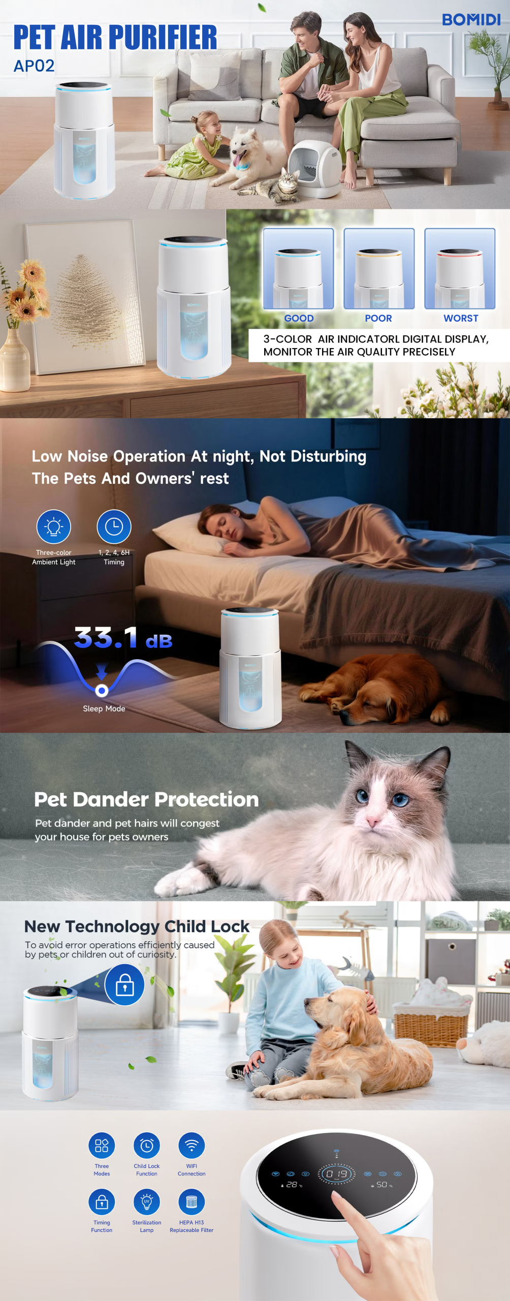 تصفیه هوا, تصفیه هوای حیوانات, تصفیه هوای گربه, تصفیه هوای سگ, Bomidi AP02, بمیدی AP02, فیلتر H13, فیلتر هپا, دستگاه تصفیه هوا H13, تصفیه هوا مخصوص حیوانات خانگی, تصفیه هوای ضد بو, حذف موی حیوانات, دستگاه حذف بو حیوانات, Air Purifier Pet, Smart Air Purifier, تصفیه هوای هوشمند, پاکسازی هوا, CADR بالا, فیلتر پنبه استاتیک, بوگیر حیوانات خانگی, دستگاه تصفیه هوا کم صدا, تصفیه هوای اتاق خواب, دستگاه تصفیه هوا خانگی, فیلتر True HEPA, پاک‌کننده هوا, تصفیه هوای آپارتمان, حذف آلرژن حیوانات, دستگاه بوگیر حیوانات
