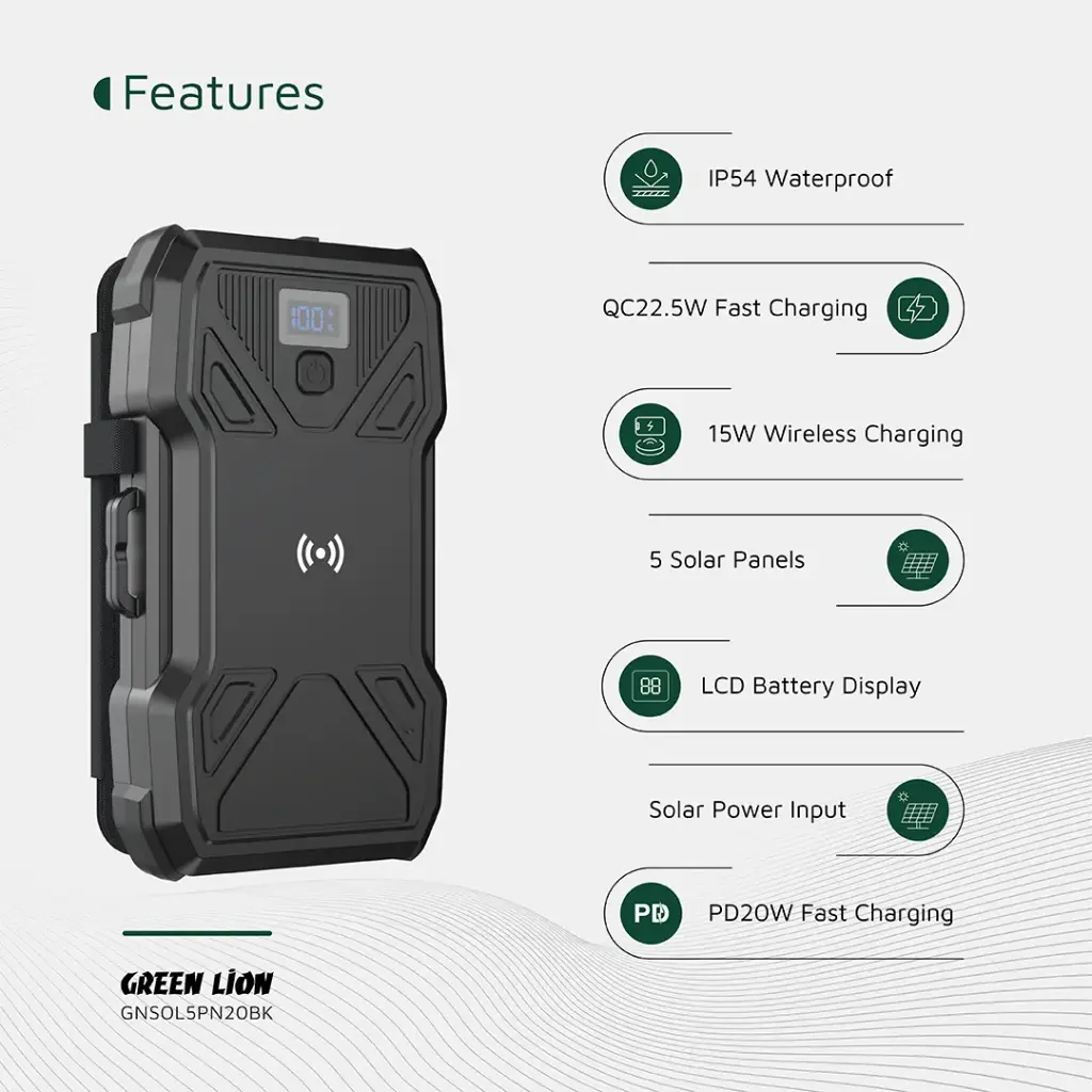 قوی ترین پاوربانک خورشیدی 20000 گرین لاین 20وات Green Lion Solar 5 Panel PD20W GL-PX27 GNSOL5PN20BK
