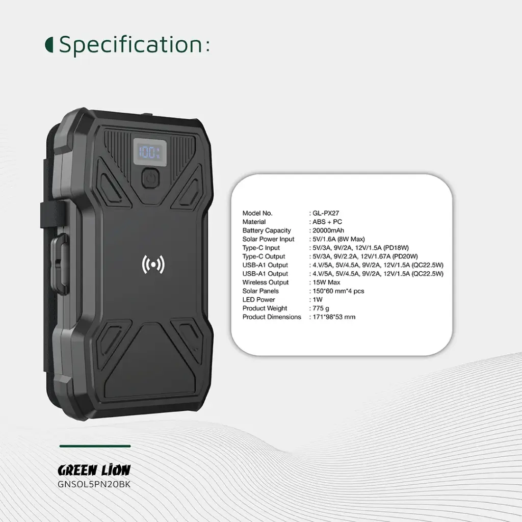 قوی ترین پاوربانک خورشیدی 20000 گرین لاین 20وات Green Lion Solar 5 Panel PD20W GL-PX27 GNSOL5PN20BK