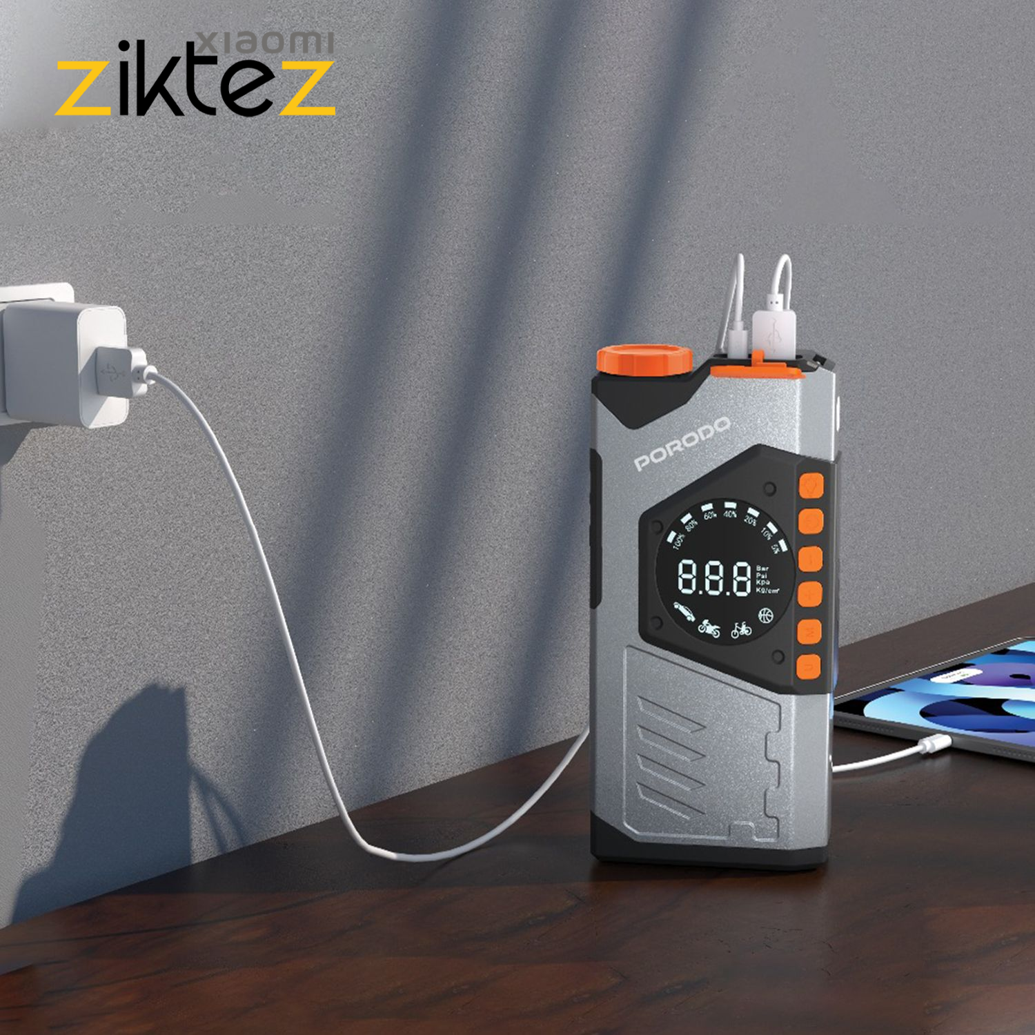 پمپ باد و جامپ استارتر خودرو پاوربانک 10000 پرودو Porodo PDPBA10GY