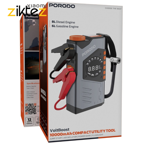 پمپ باد و جامپ استارتر خودرو پاوربانک 10000 پرودو Porodo PDPBA10GY