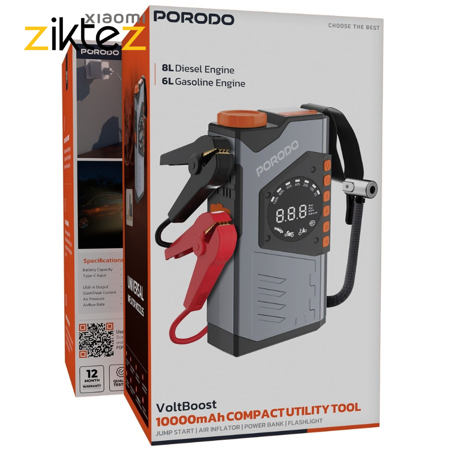 پمپ باد و جامپ استارتر خودرو پاوربانک 10000 پرودو Porodo PDPBA10GY